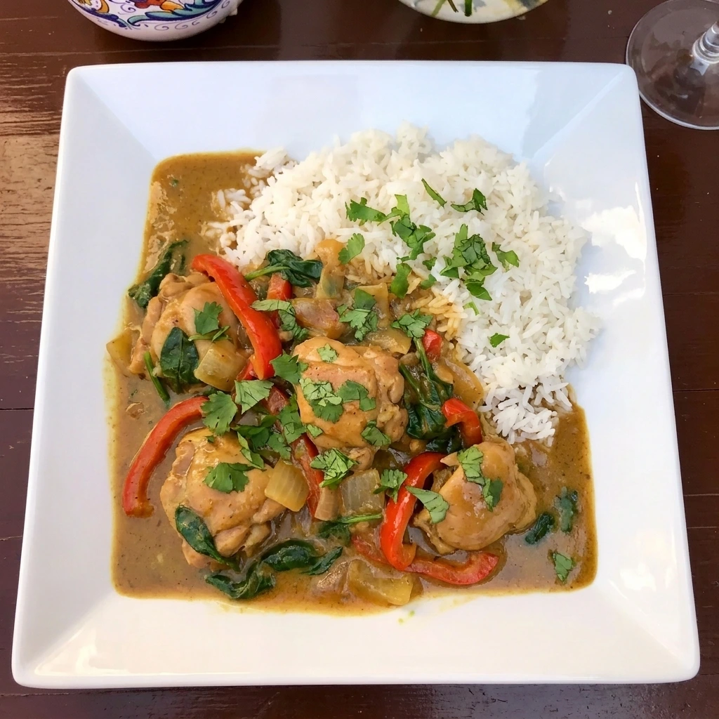 Single serving of Crockpot Coconut Chicken Curry over jasmine rice