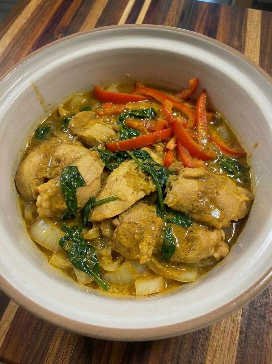 Thick coconut chicken curry with wilted spinach and tender red peppers