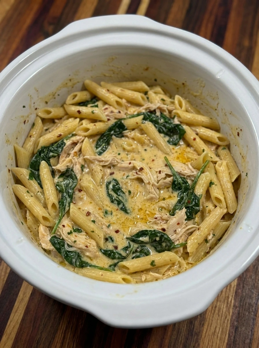 Penne and spinach folded into creamy Crockpot Cowboy Butter Chicken Pasta