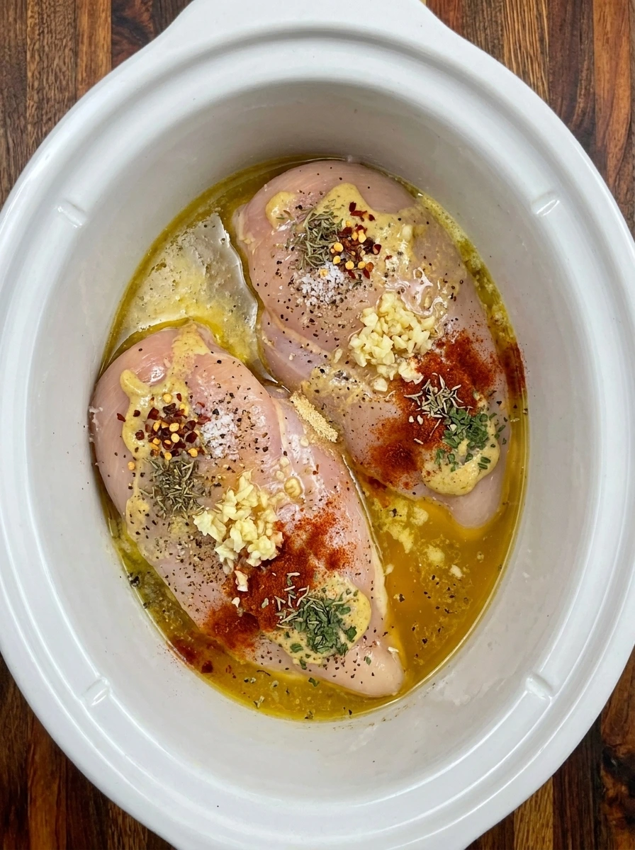 Two chicken breasts coated with cowboy butter seasonings in a crockpot