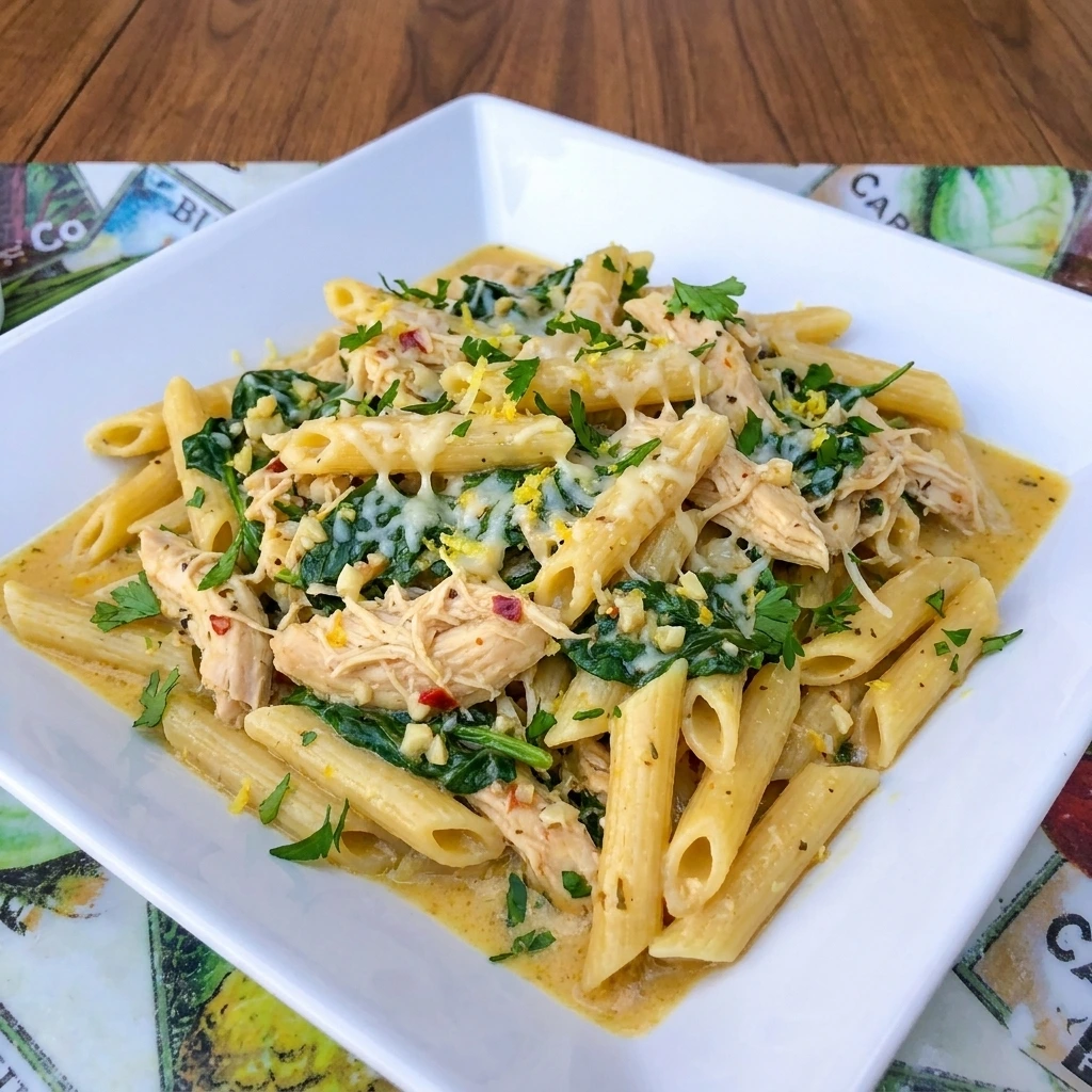 Creamy Crockpot Cowboy Butter Chicken Pasta with tender chicken spinach and Parmesan