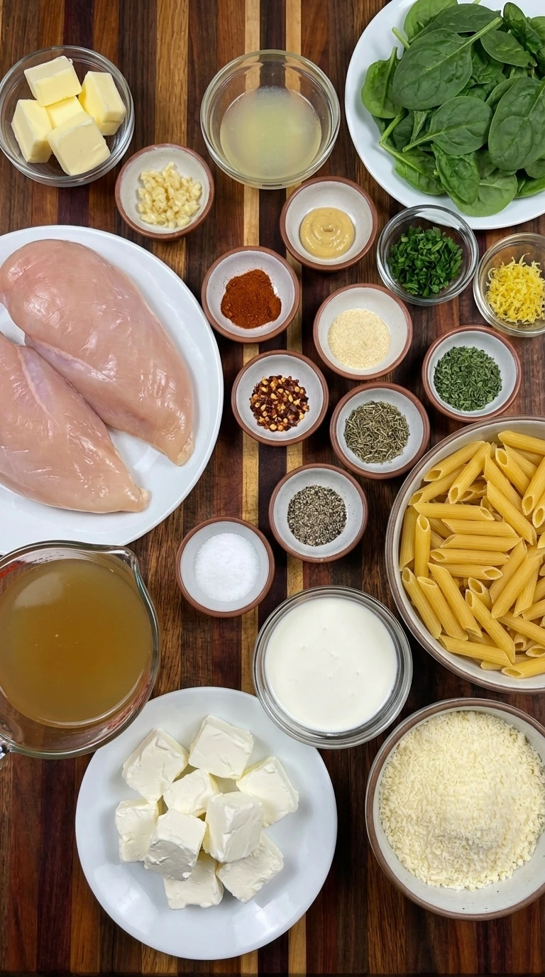 Ingredients for Crockpot Cowboy Butter Chicken Pasta arranged in separate containers