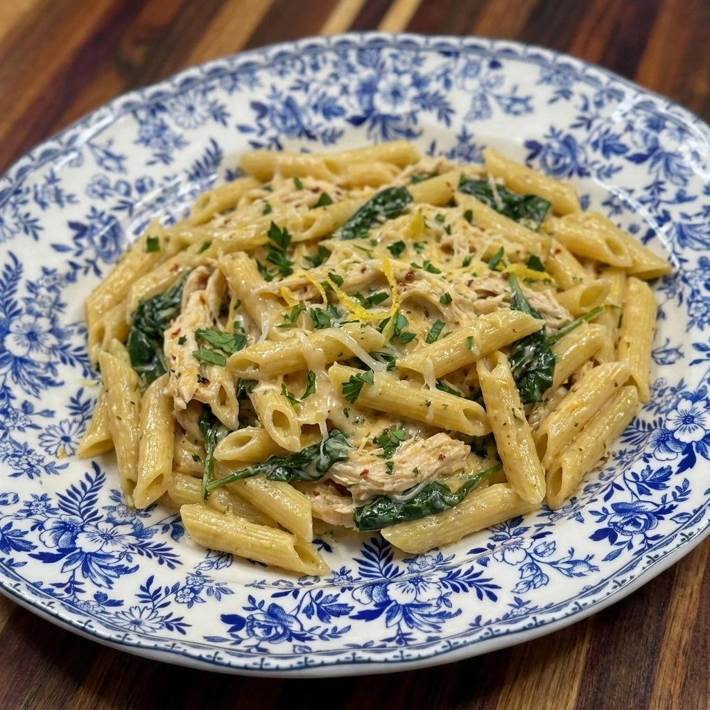 Single serving of Crockpot Cowboy Butter Chicken Pasta with parsley and lemon zest