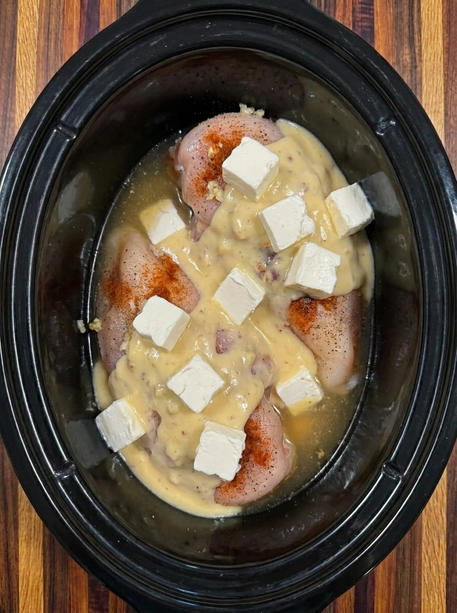 Chicken breasts with cream cheese and creamy soup base in a crockpot