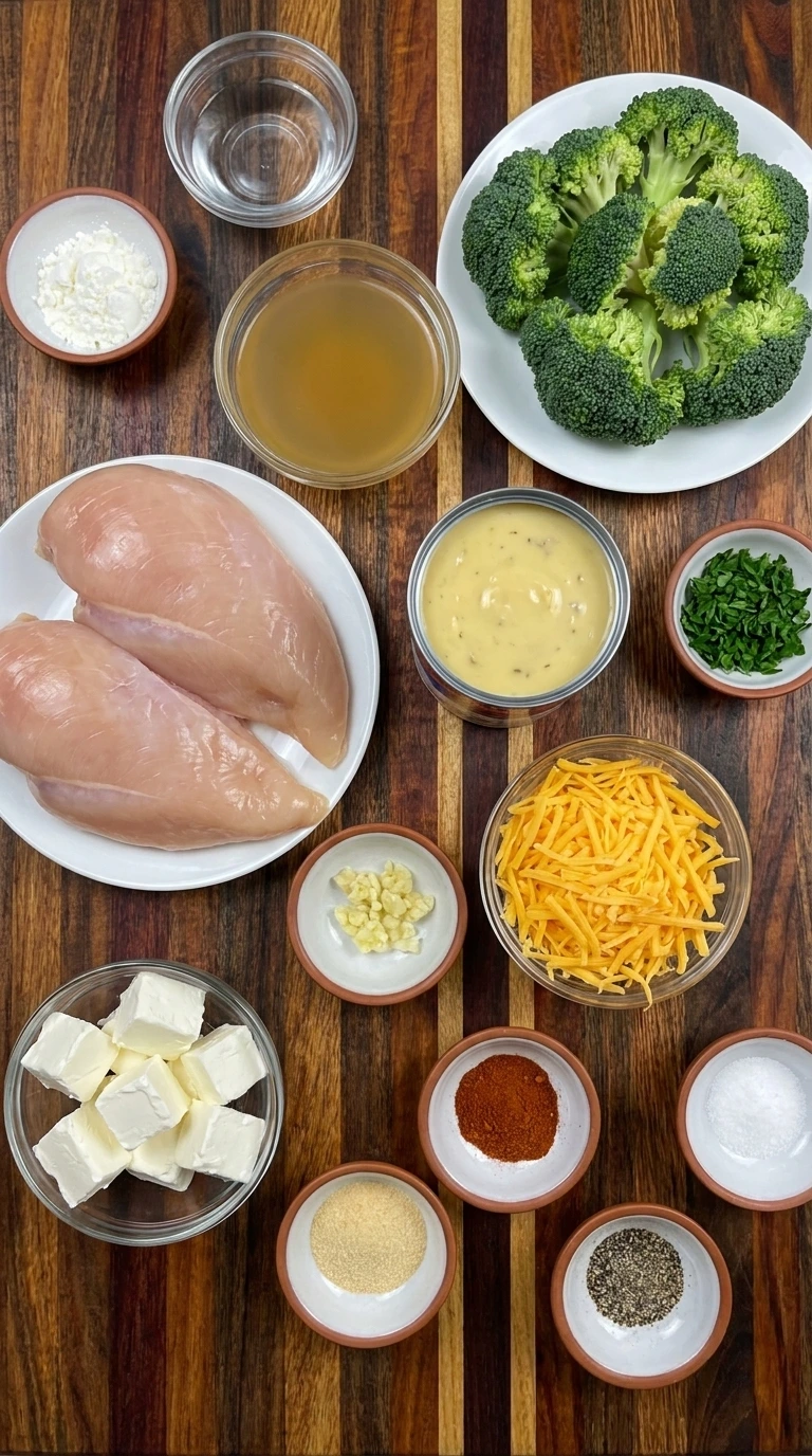 Ingredients for Crockpot Creamy Broccoli Cheddar Chicken arranged in separate bowls and plates