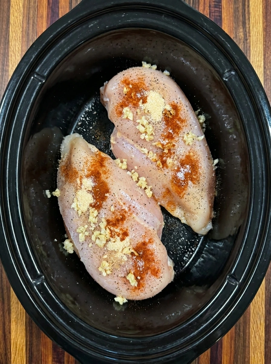 Two chicken breasts seasoned with garlic and spices in a crockpot