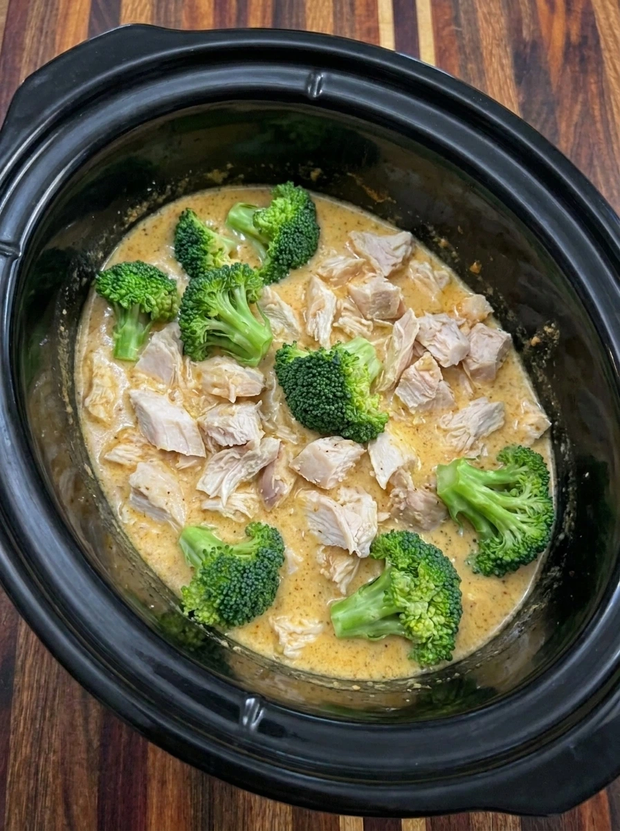 Shredded chicken and broccoli folded into creamy crockpot sauce