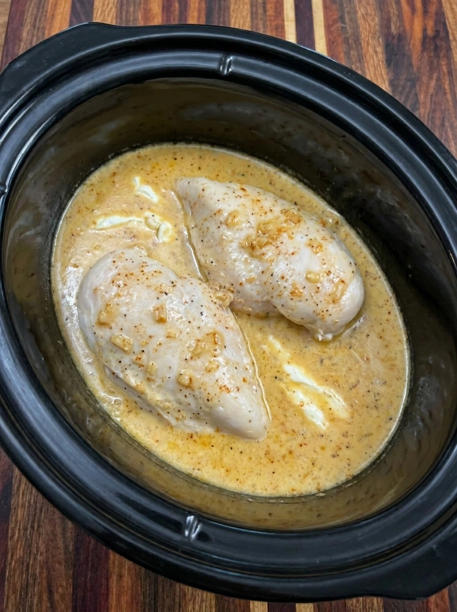Tender cooked chicken breasts in a thickening cream cheese sauce