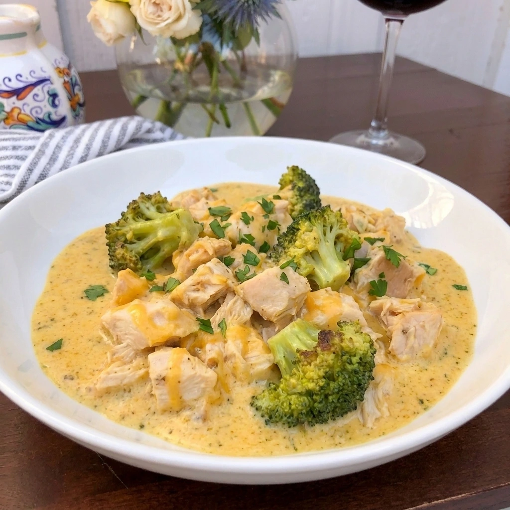 Crockpot Creamy Broccoli Cheddar Chicken with tender chicken and broccoli in cheddar sauce