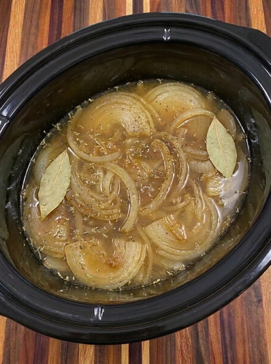 Beef broth added to caramelized onions in a slow cooker