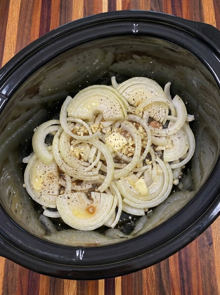 Sliced onions coated with butter and seasonings in a slow cooker