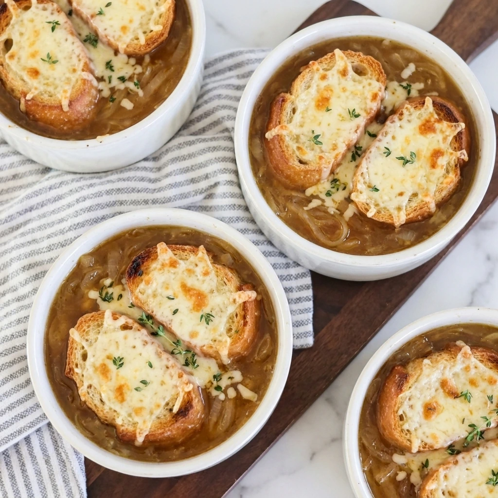 Crockpot French Onion Soup with caramelized onions and melted Gruyere toast