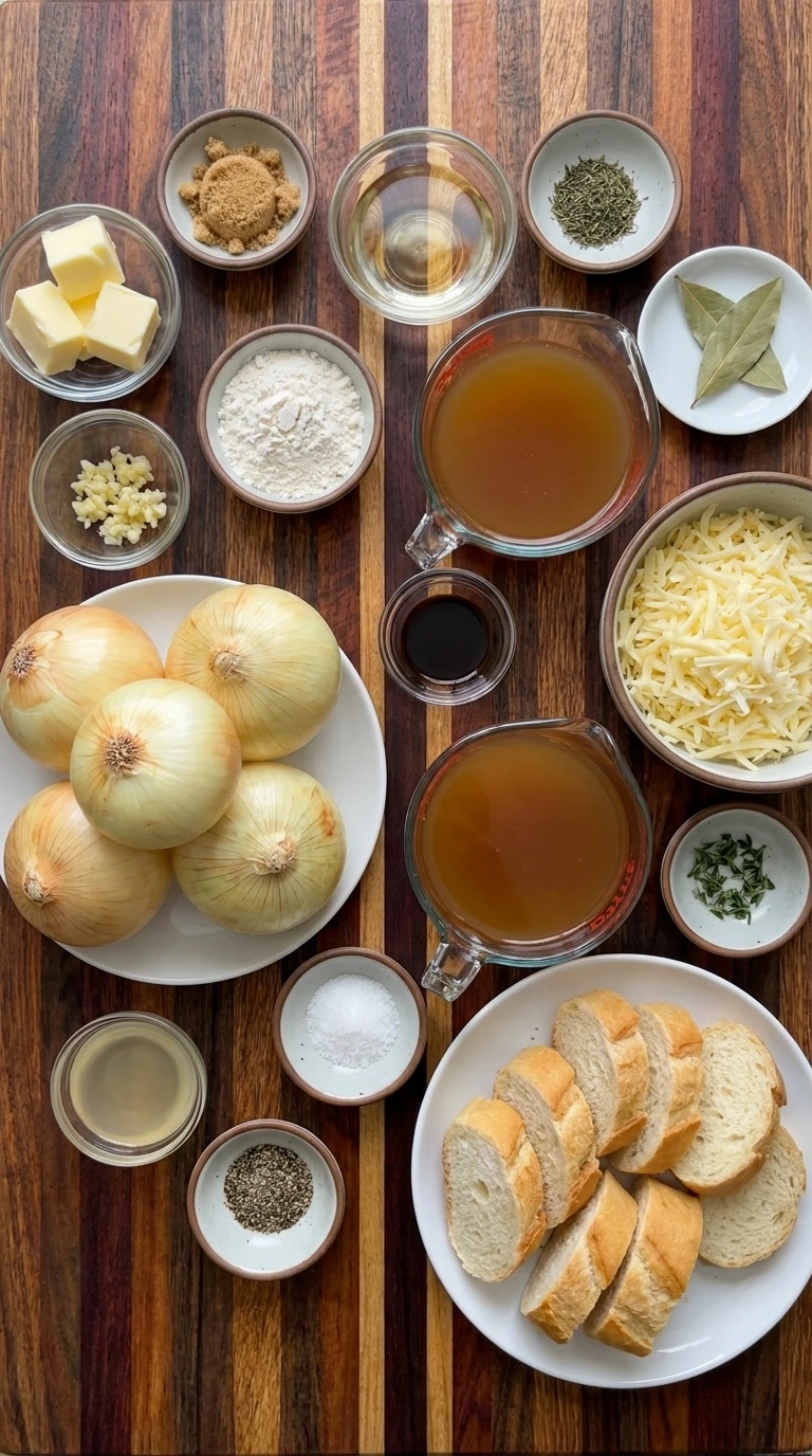 Ingredients for Crockpot French Onion Soup arranged in separate small containers