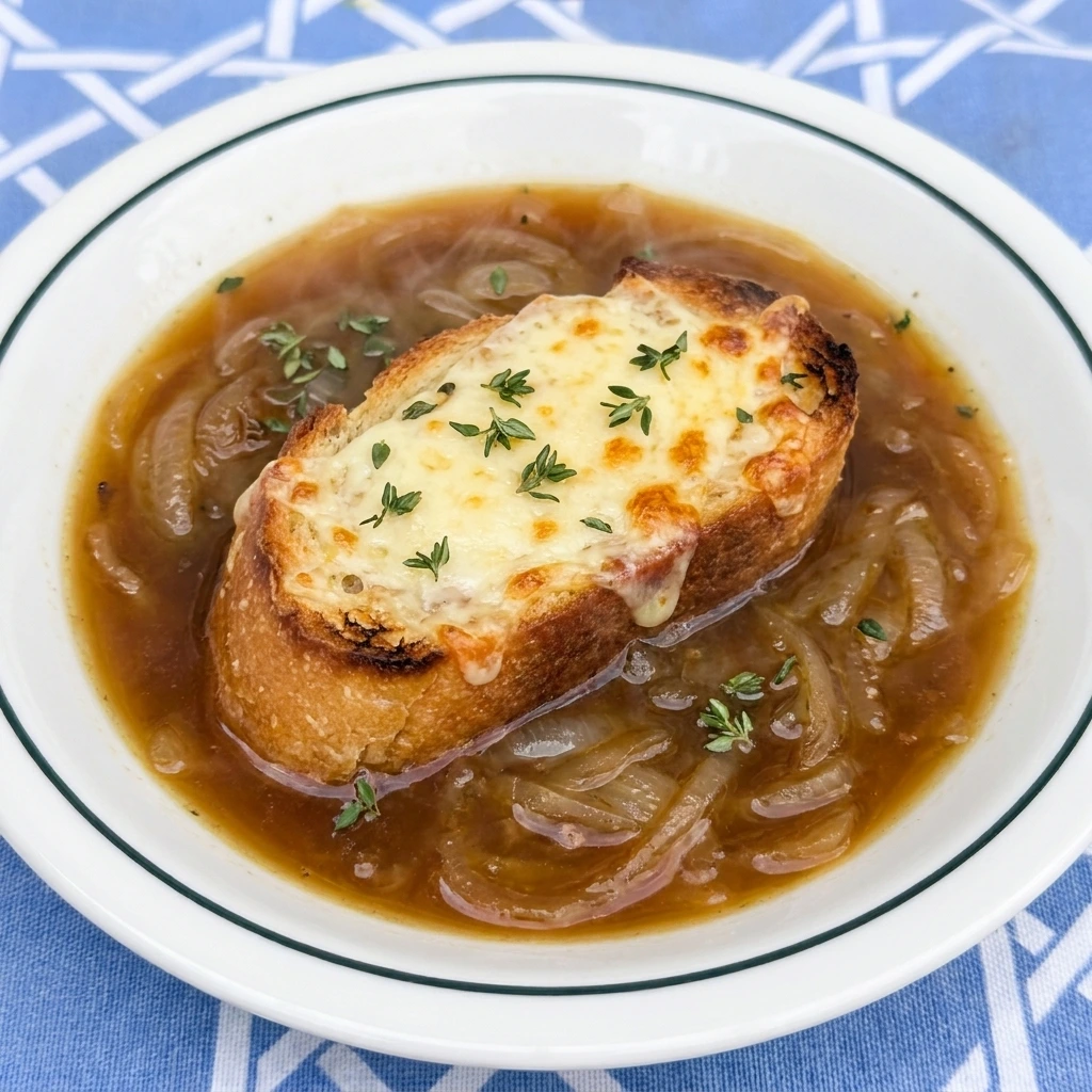 Single bowl of Crockpot French Onion Soup with melted Gruyere toast