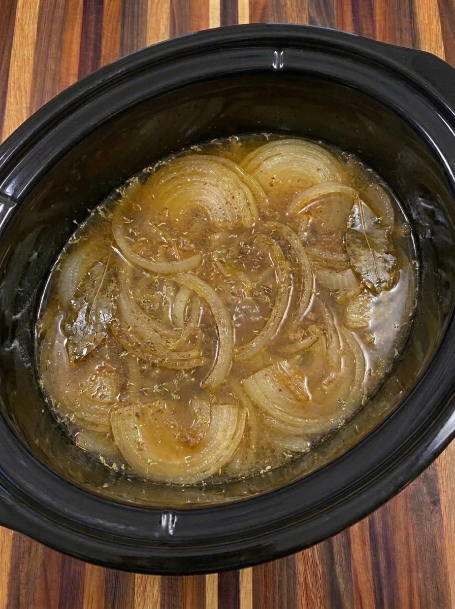 Rich amber Crockpot French Onion Soup after slow cooking