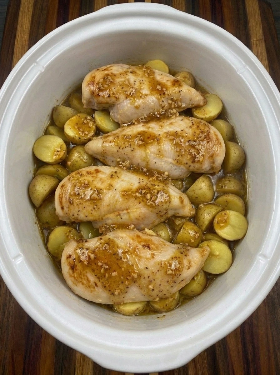 Cooked chicken and potatoes coated in thick garlic butter juices