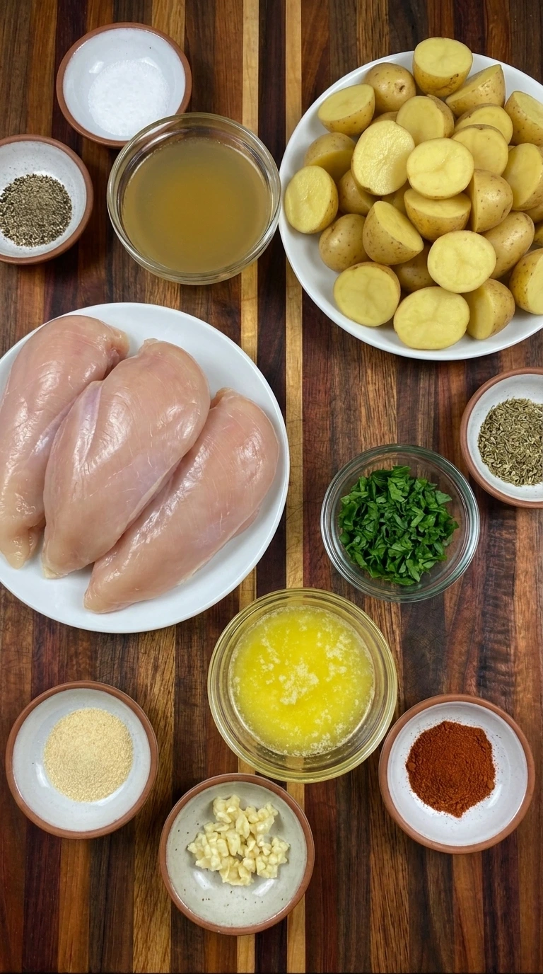 Ingredients for Crockpot Garlic Butter Chicken and Potatoes arranged in separate small containers