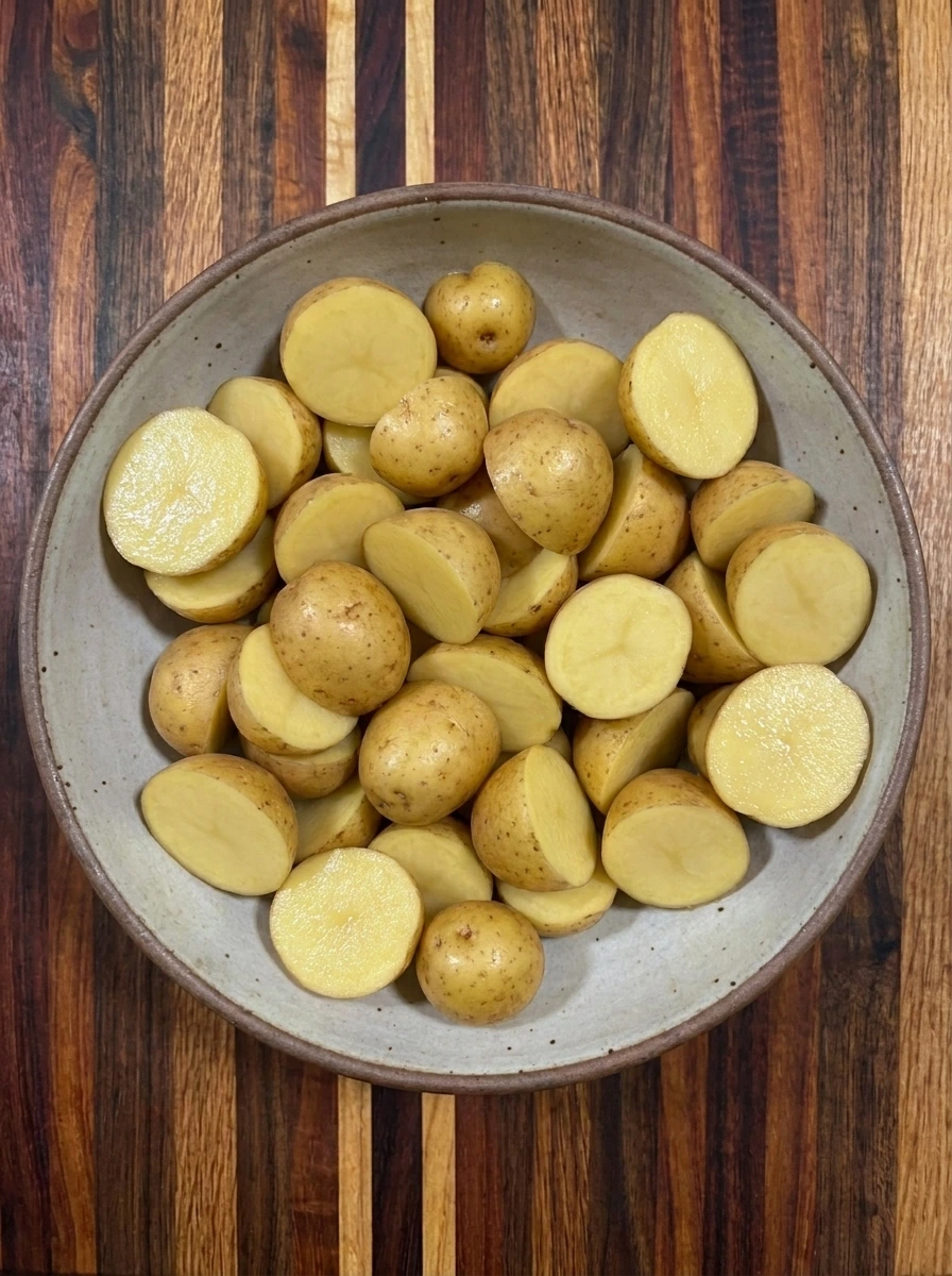 Halved baby gold potatoes for Crockpot Garlic Butter Chicken and Potatoes