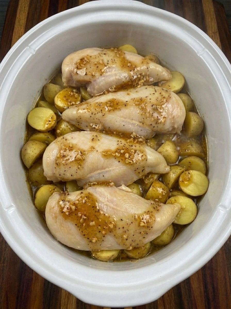 Tender slow cooked garlic butter chicken and potatoes