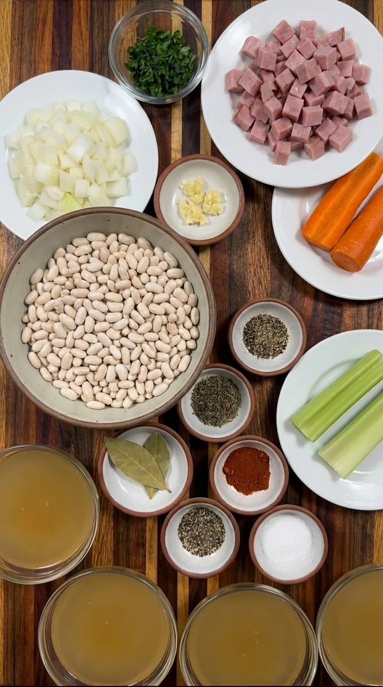 Ingredients for Crockpot Ham and Bean Soup in separate containers