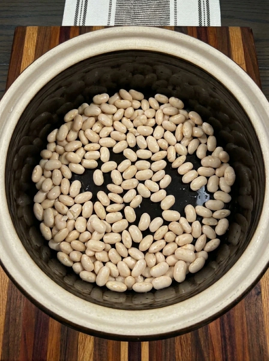 Rinsed great northern beans spread in a crockpot insert