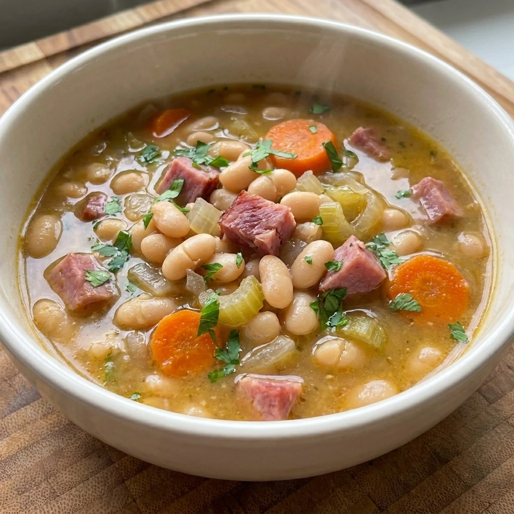 Single bowl of Crockpot Ham and Bean Soup with parsley