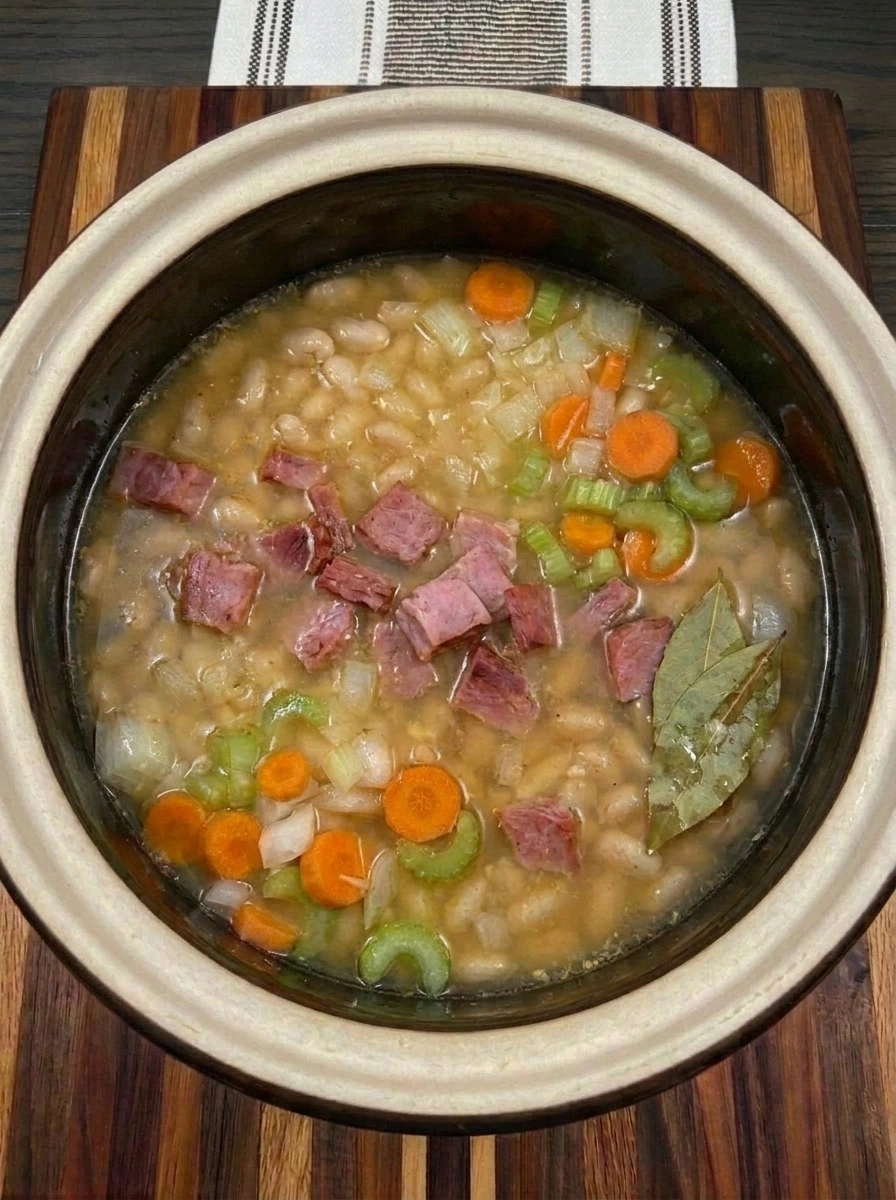 Tender beans and ham simmered in thickened broth