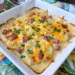 Crockpot Ham and Potato Casserole with melted cheddar and parsley