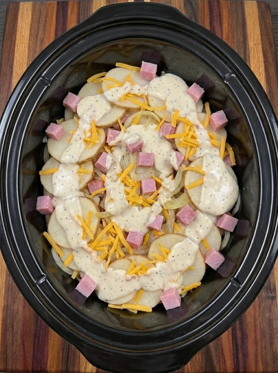 Layered potatoes ham onion and sauce in a crockpot