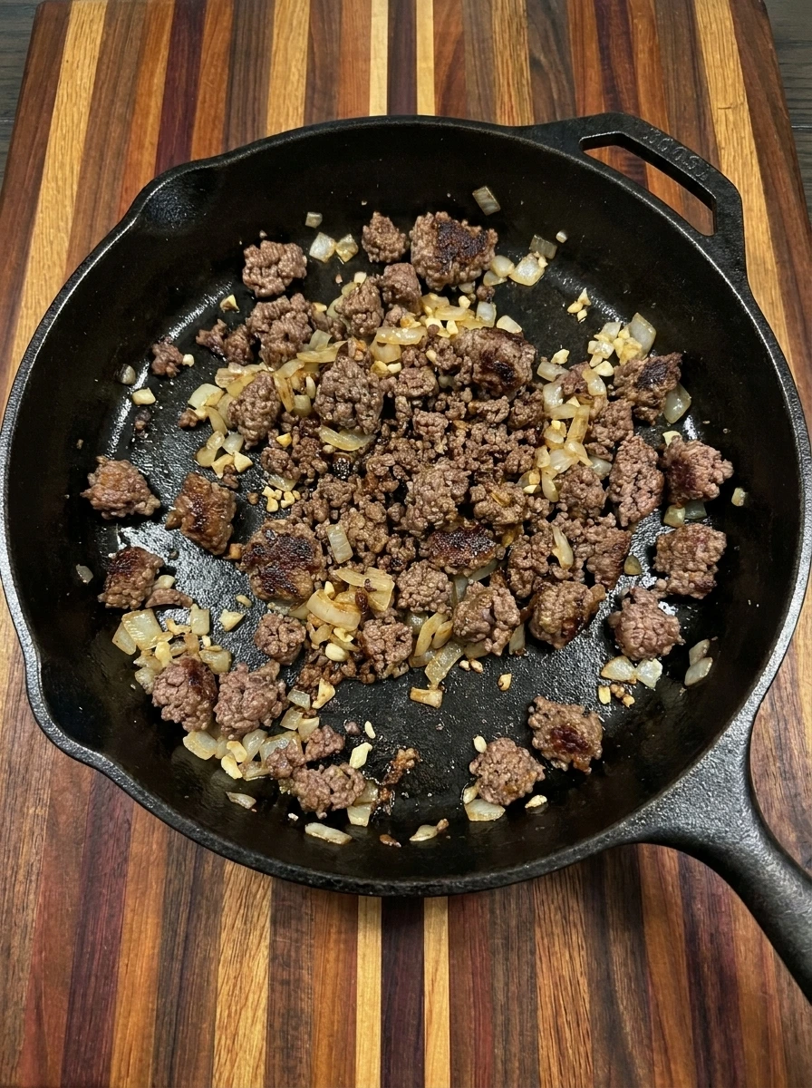 Ground beef browned with onion and garlic for hobo casserole