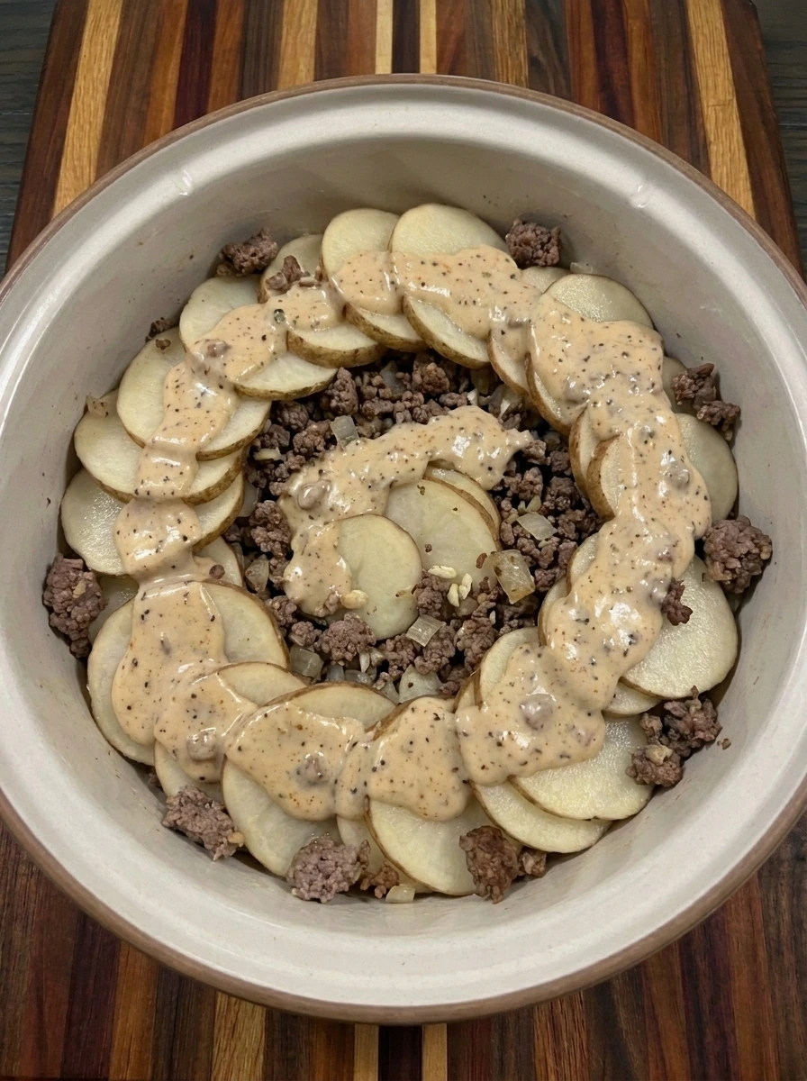 Potatoes and ground beef layered with creamy sauce in a slow cooker