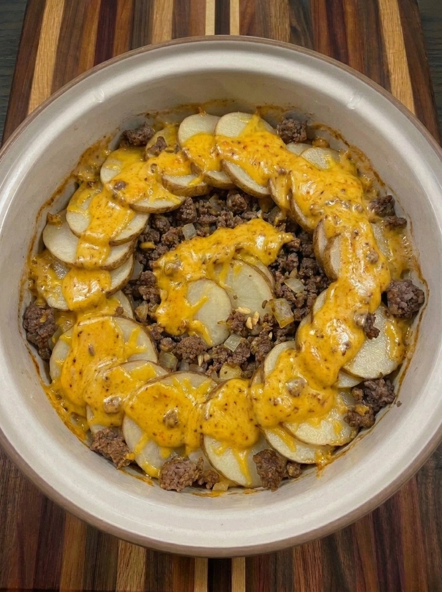 Melted cheddar over Crockpot Hobo Casserole with Ground Beef