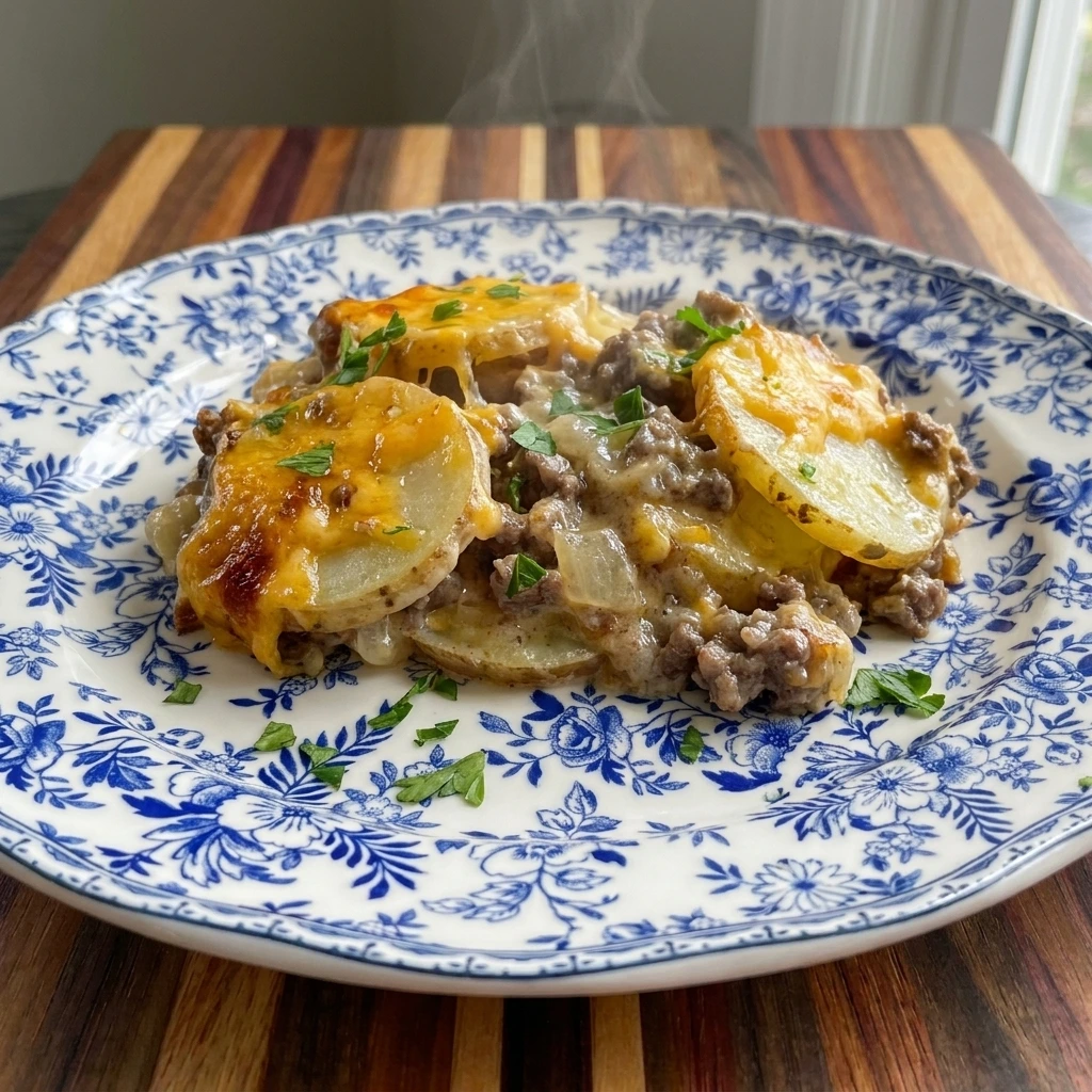 Single serving of Crockpot Hobo Casserole with Ground Beef