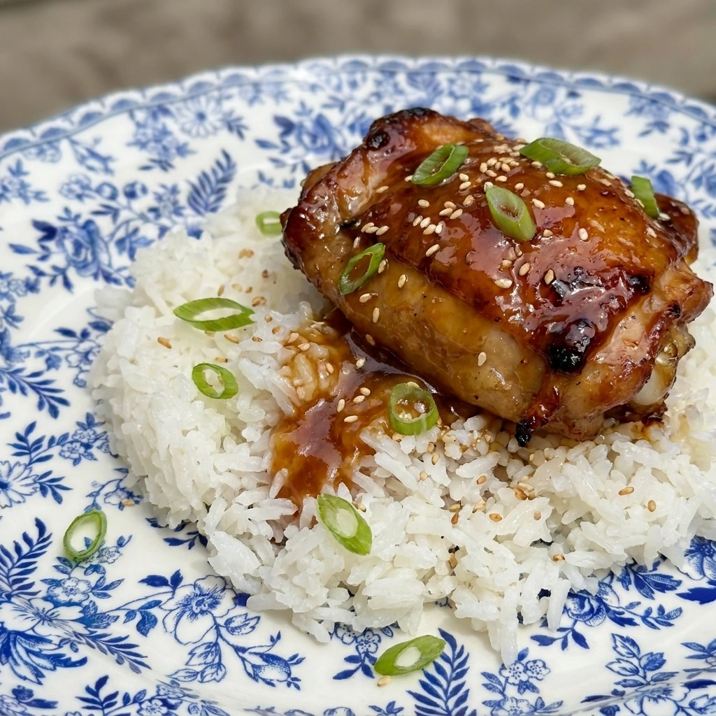 One serving of Crockpot Honey Garlic Chicken over white rice