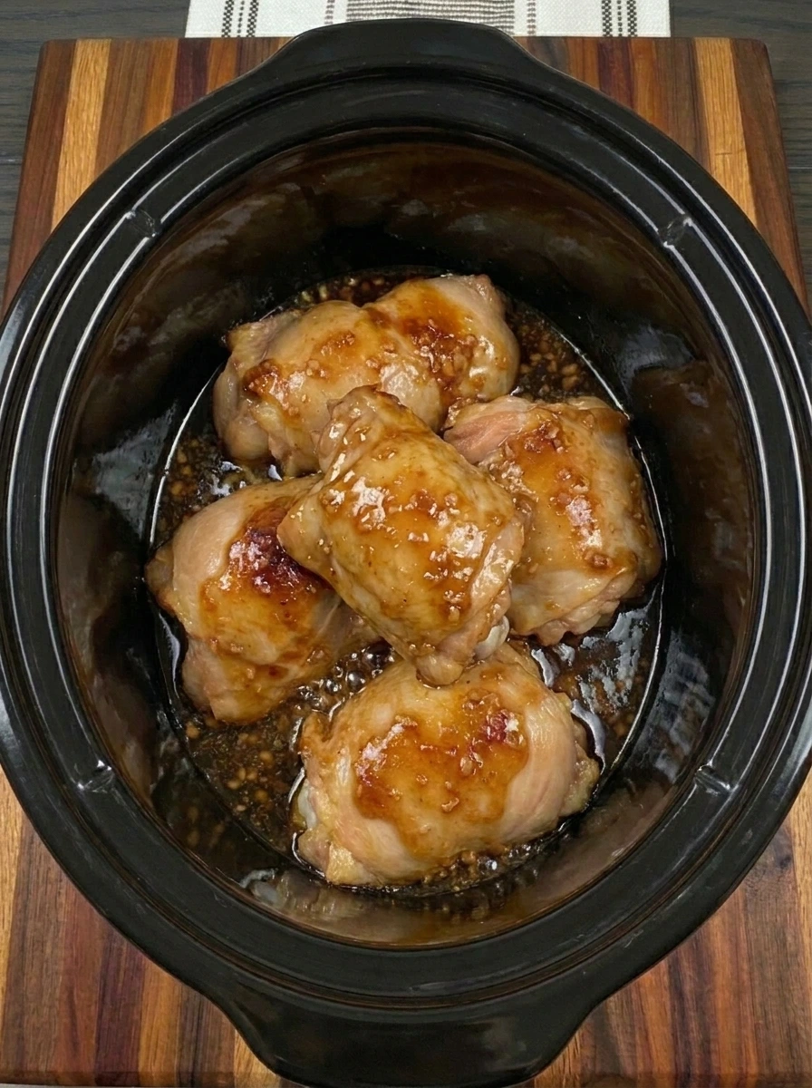 Honey garlic sauce thickened into a glossy glaze around four chicken thighs
