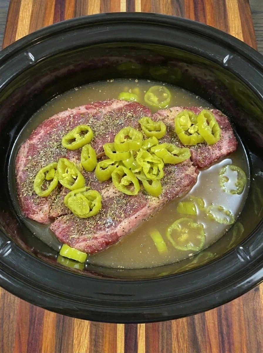 Chuck roast with broth and pepperoncini in slow cooker