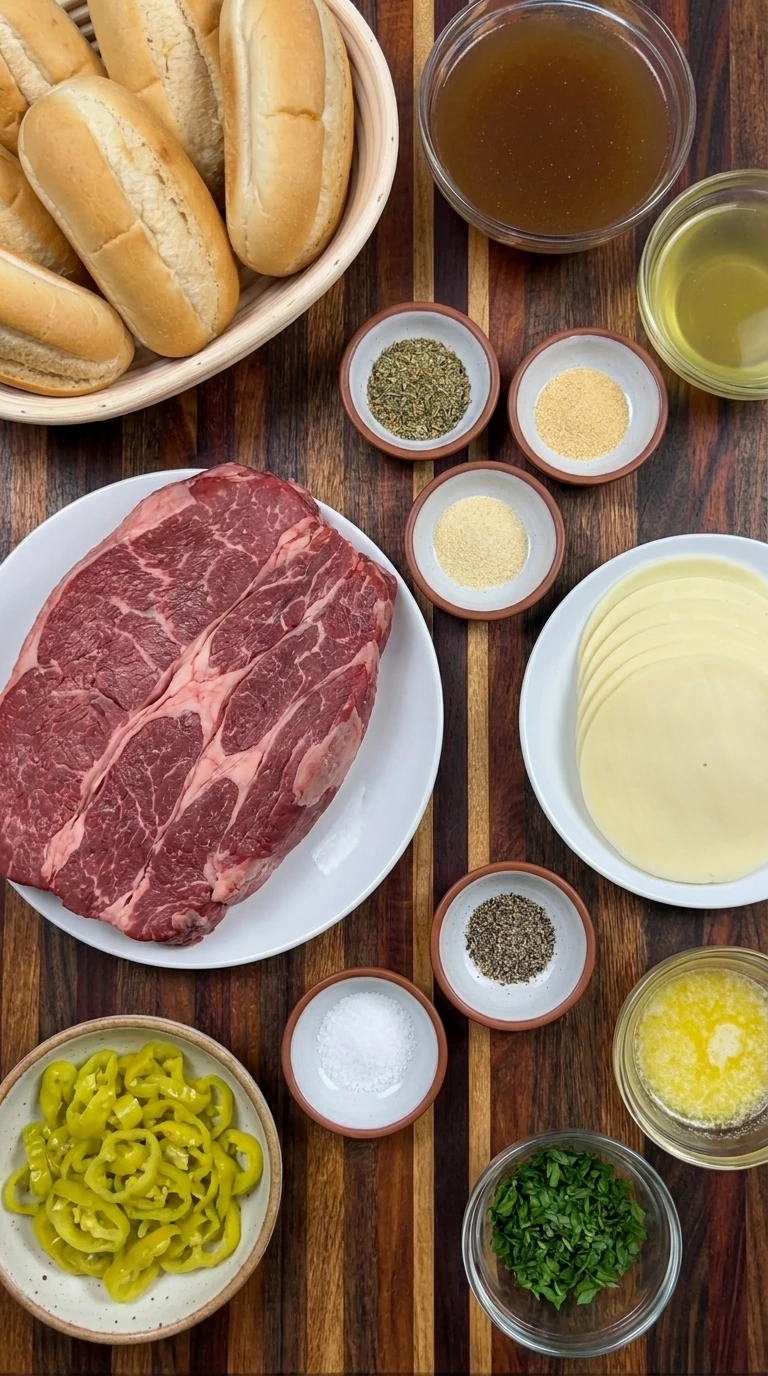 Ingredients for Crockpot Italian Beef Sandwiches in separate containers
