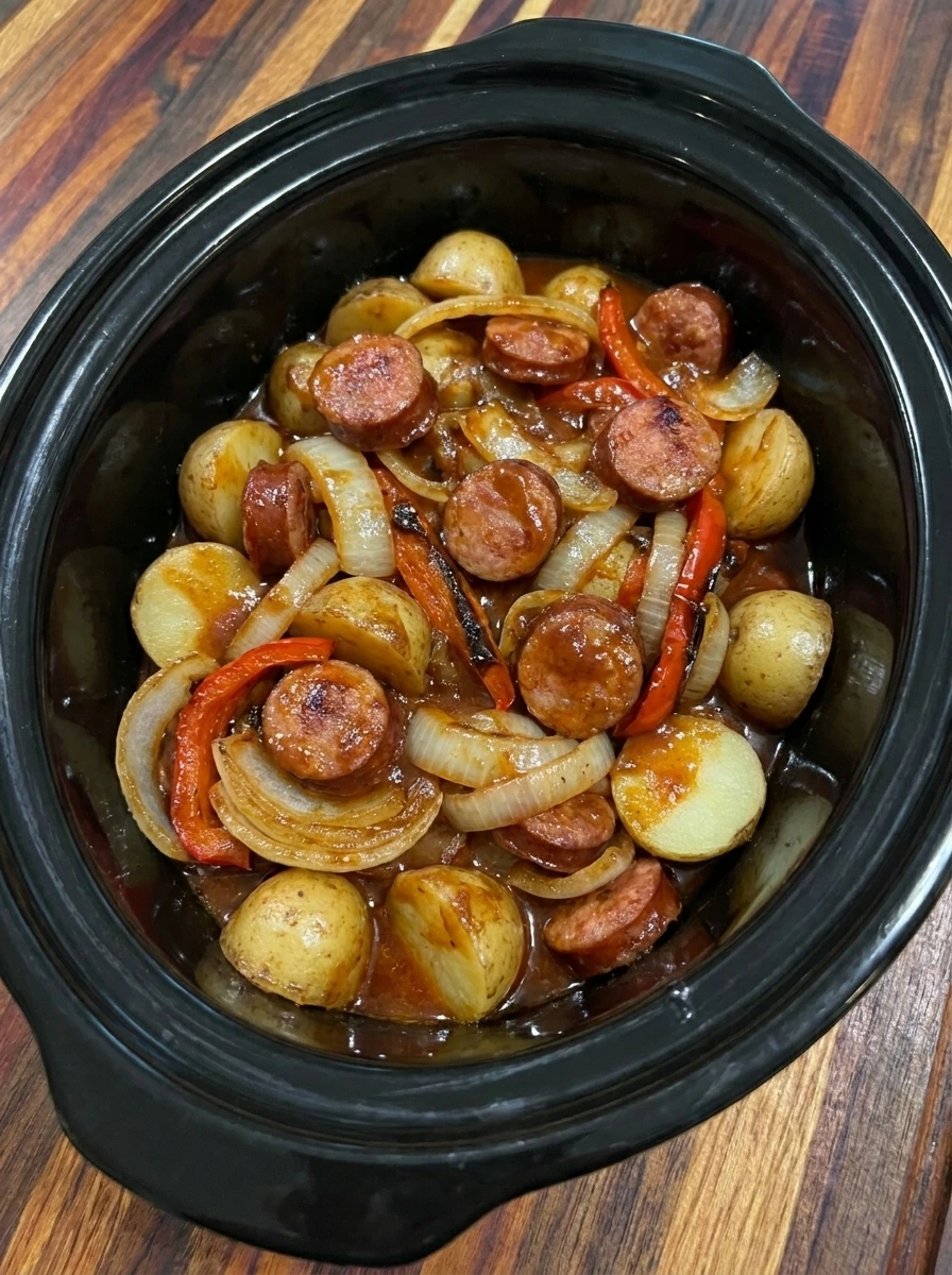 Tender Crockpot Kielbasa and Potatoes in thick savory sauce