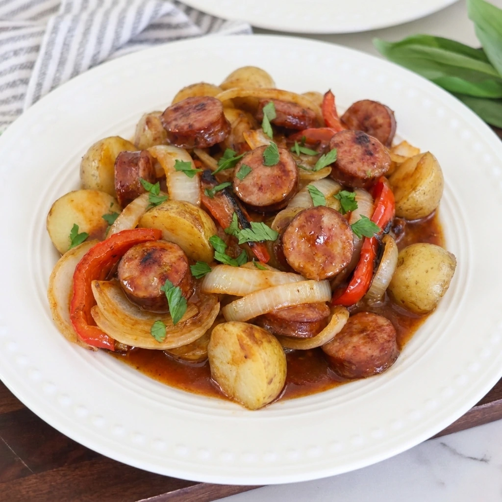 Finished Crockpot Kielbasa and Potatoes with peppers and onions