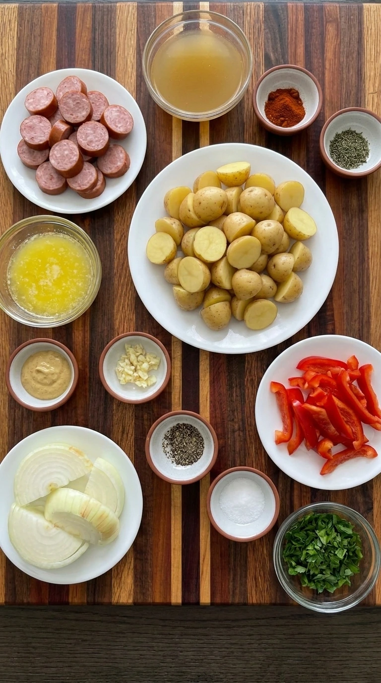 Ingredients for Crockpot Kielbasa and Potatoes in separate bowls