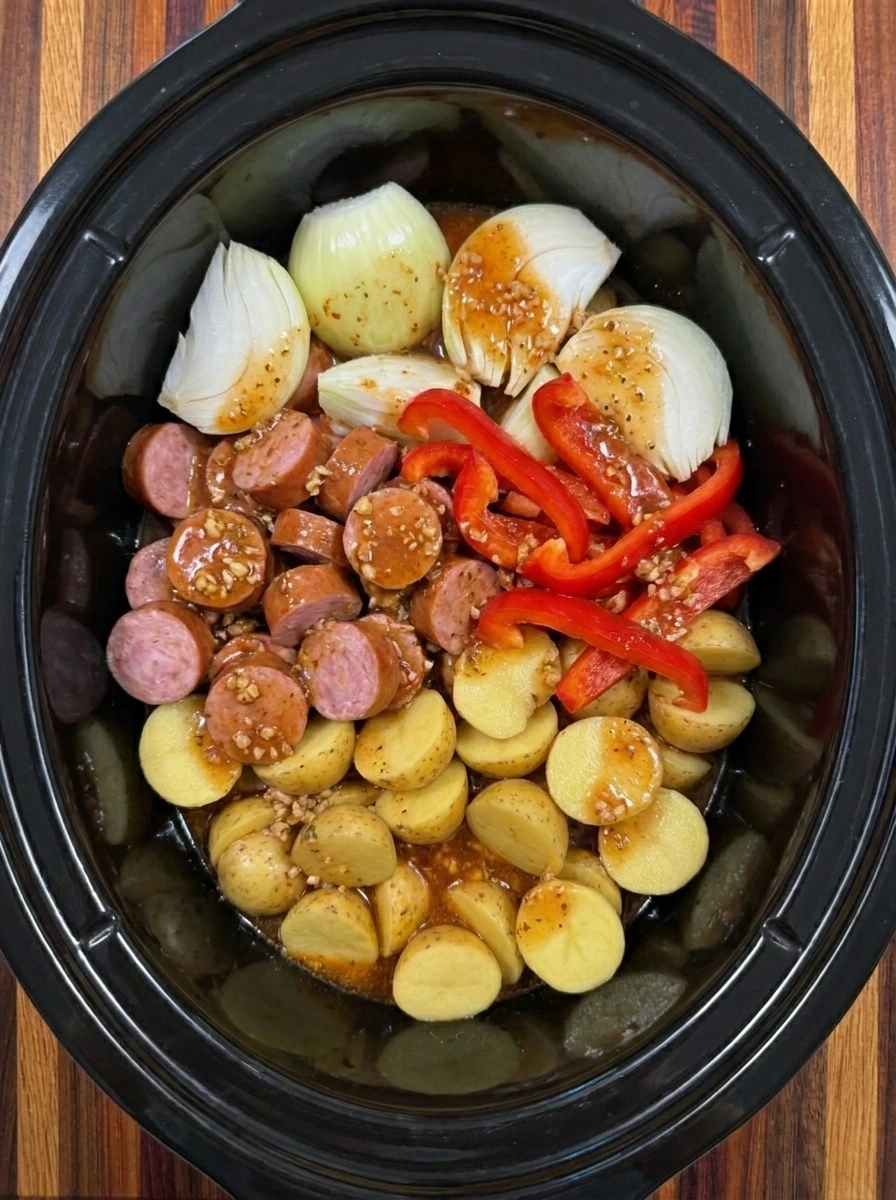 Kielbasa and potatoes layered with sauce in a slow cooker