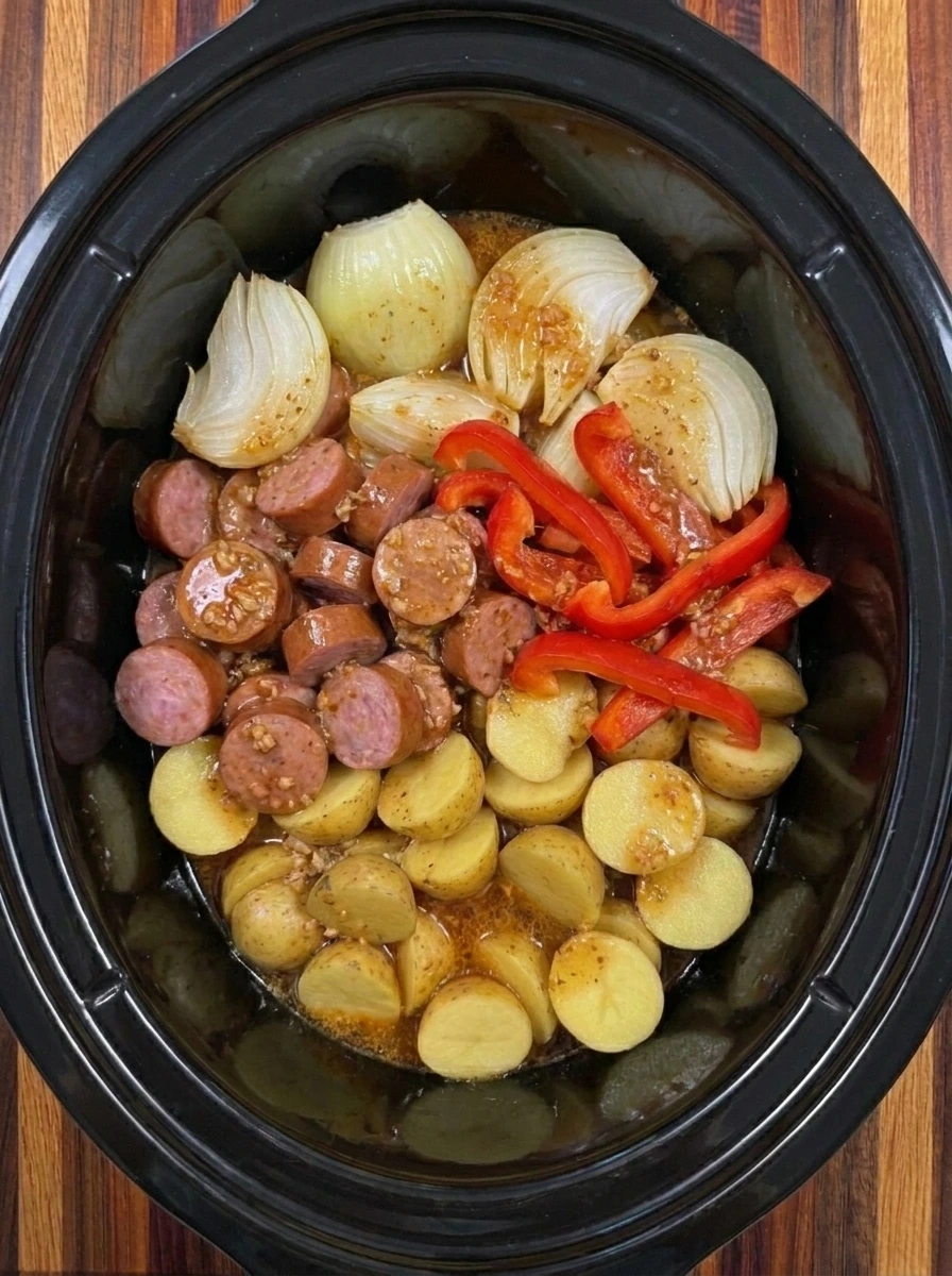 Partially tender potatoes and kielbasa cooking in savory broth