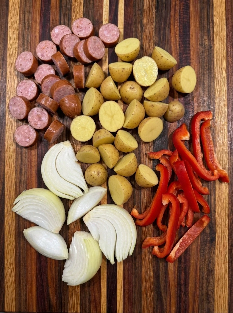 Sliced kielbasa and potatoes with onion and red pepper