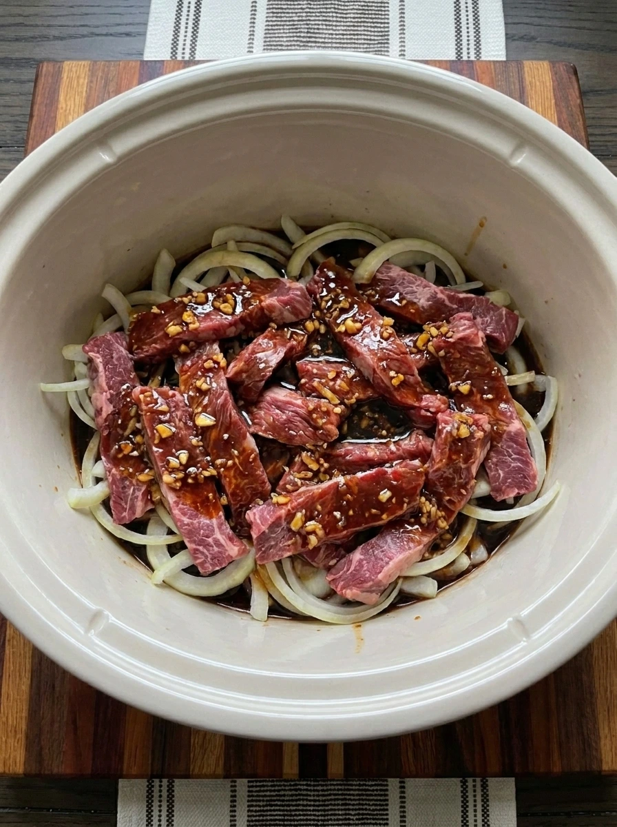 Beef onion and Korean barbecue sauce layered in a crockpot