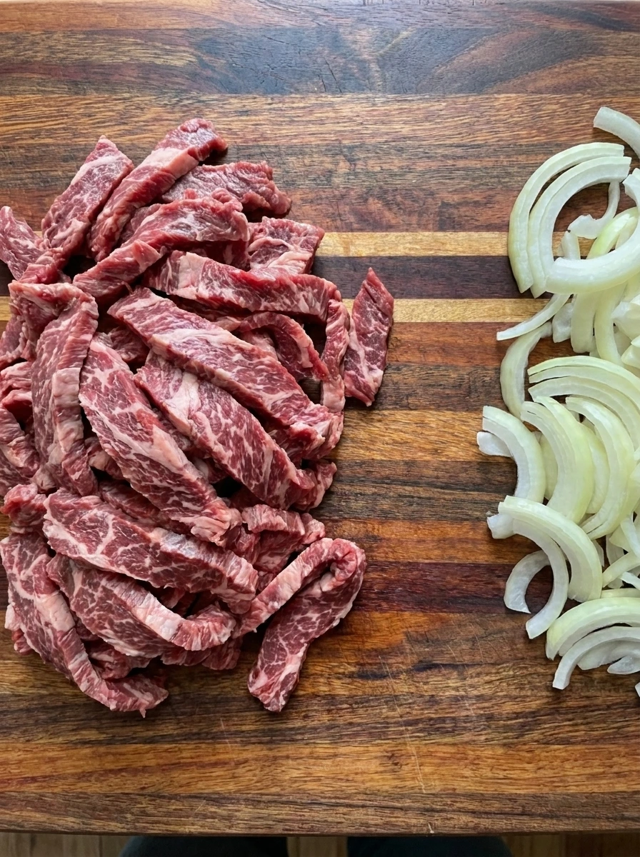 Sliced beef chuck and onion for Crockpot Korean BBQ Beef