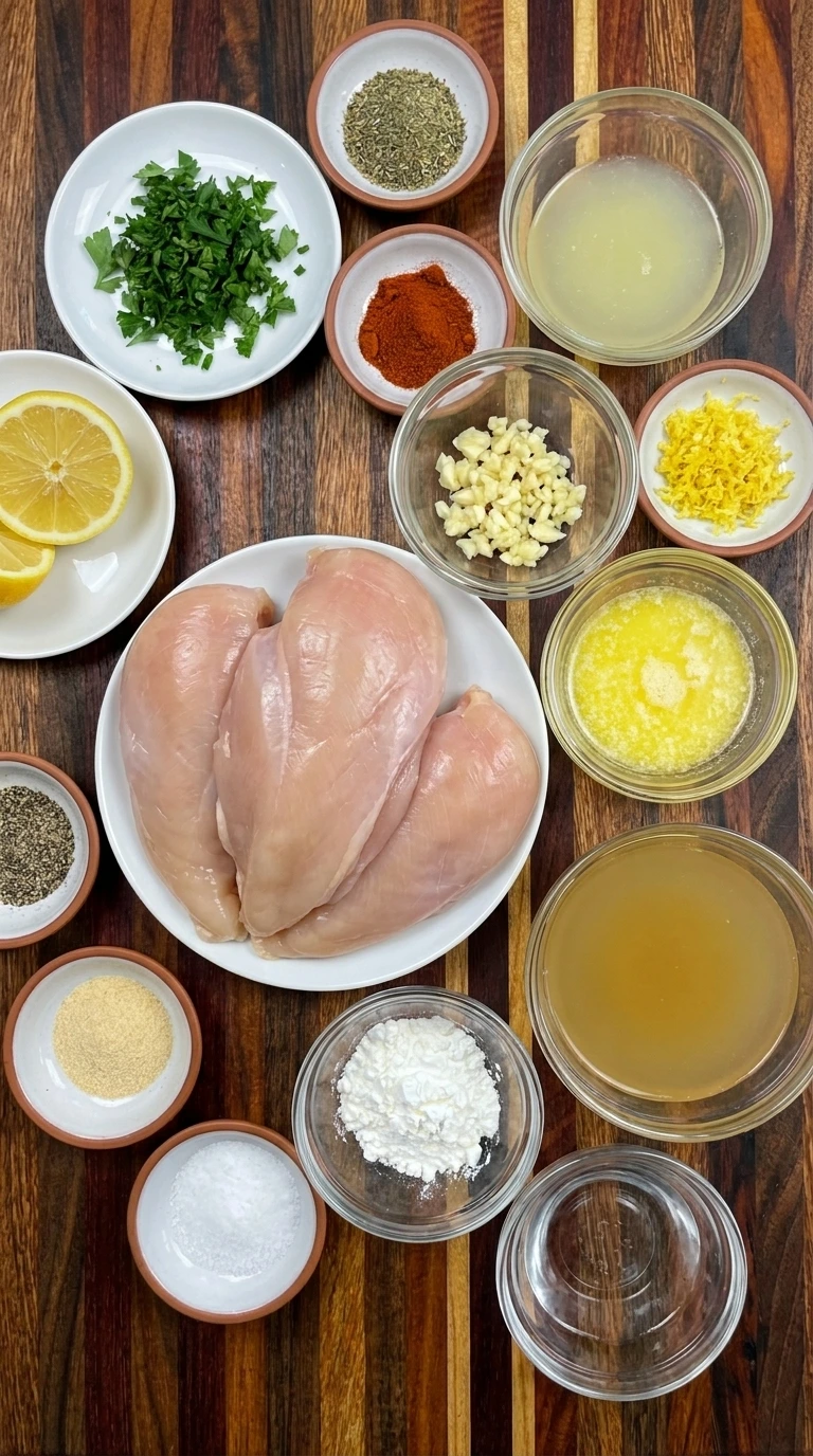 Ingredients for Crockpot Lemon Garlic Chicken in separate bowls and plates