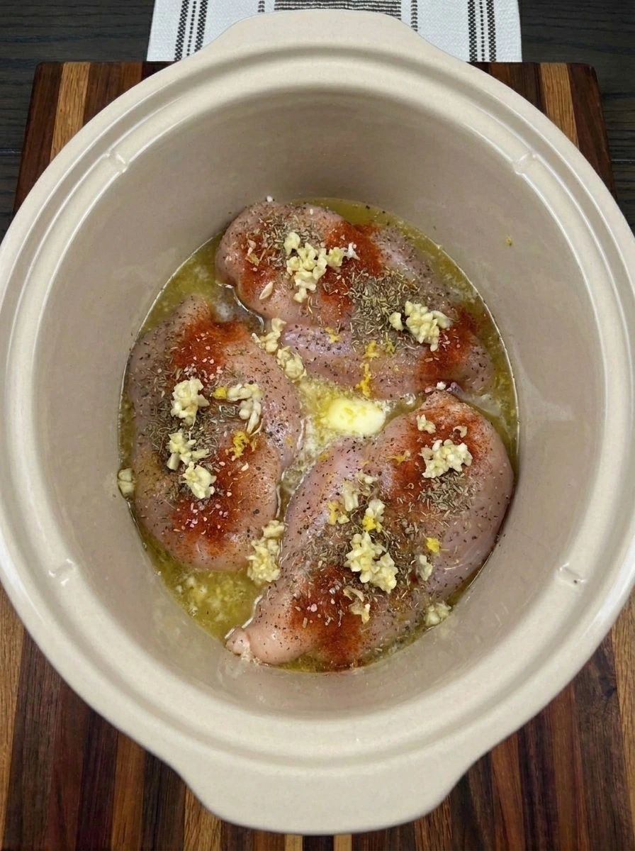 Lemon garlic butter sauce poured over seasoned chicken breasts