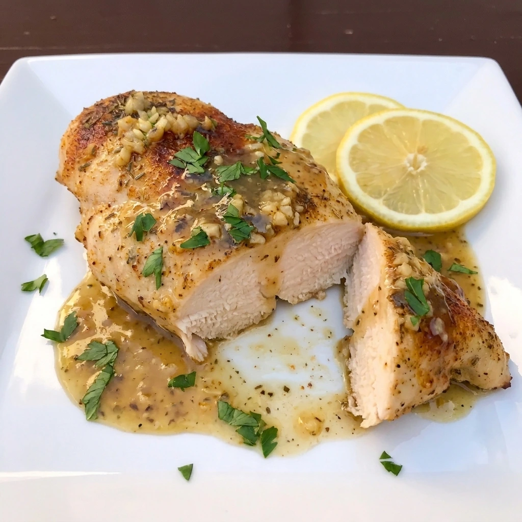 Single serving of Crockpot Lemon Garlic Chicken with parsley and lemon