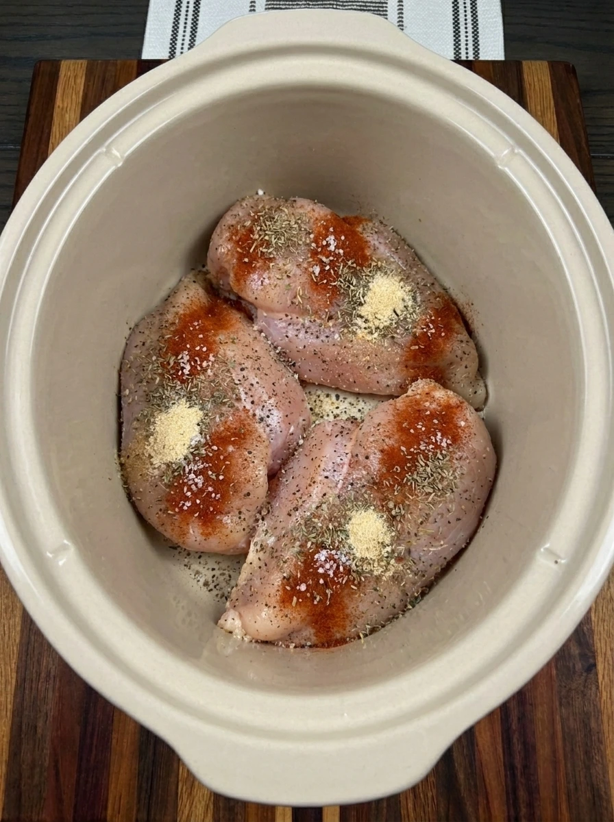 Four chicken breasts coated with paprika and herbs in a slow cooker
