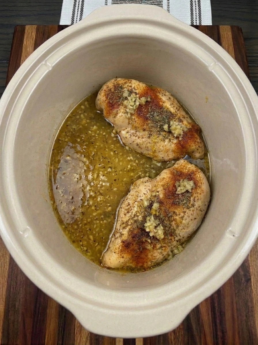 Cooked chicken breasts surrounded by thickened lemon garlic sauce